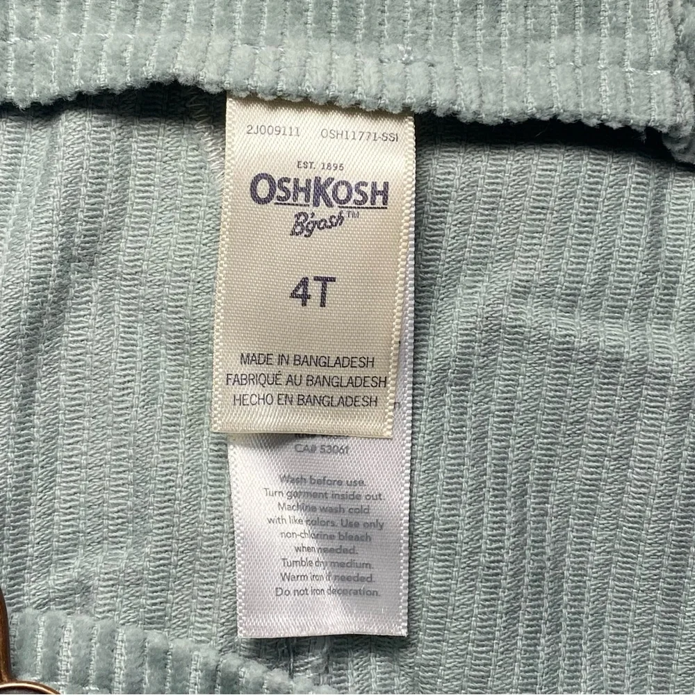 Oshkosh B'gosh Vestbak Girls 4T Celadon Green Corduroy Overall Jumper Pockets